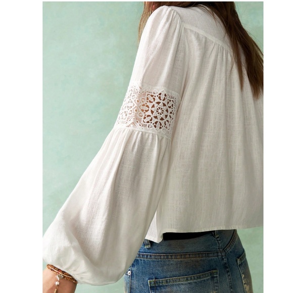 Boho White V neck Lace Embroidered Linen Long Sleeve Top - Picture 7 of 8